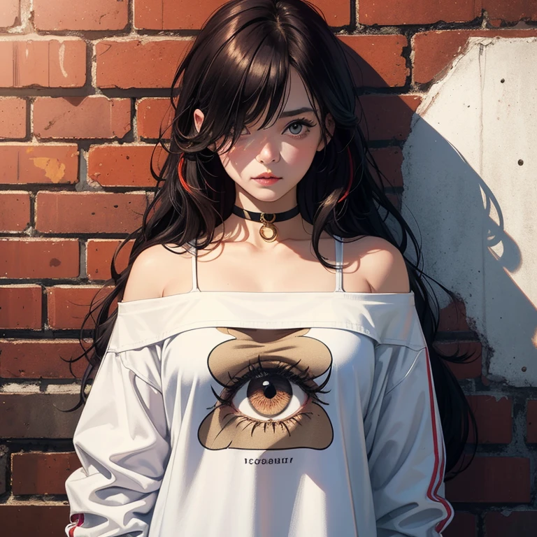 ultra realistic 8k cg, masterpiece, ((ultra detailed background, delicate pattern, intricate detail)), best quality, intricate details, chromatic aberration, 1girl, long hair, golden hair, messy hair, red highlights, hair over one eye, sharp eyes, choker, brick wall, graffiti, dim lighting, alley, oversized shirt,off shoulder, see through white shirt, Masterpiece, best quality