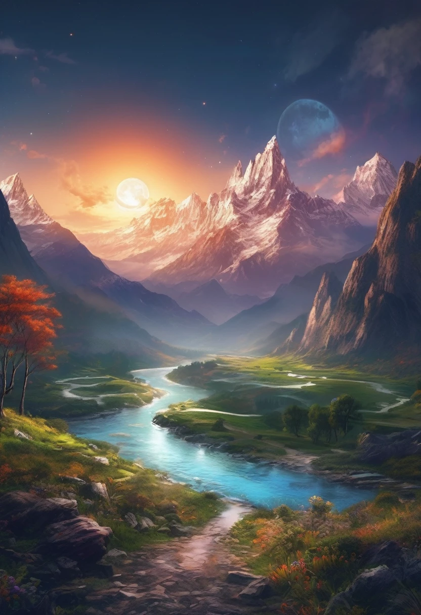 Mountain with a river in the foreground々、Full moon in the sky, Highly detailed digital art in 4K, Amazing artwork in 8K, 4K Detailed Digital Art, Beautiful Art UHD 4K, Epic dreamy fantasy landscape, Impressive and fantastic landscape, 8k high quality detailed art, Digital Art 8k, Digital Art 8K, Mysterious and fantastic landscape, Awesome mobile wallpapers