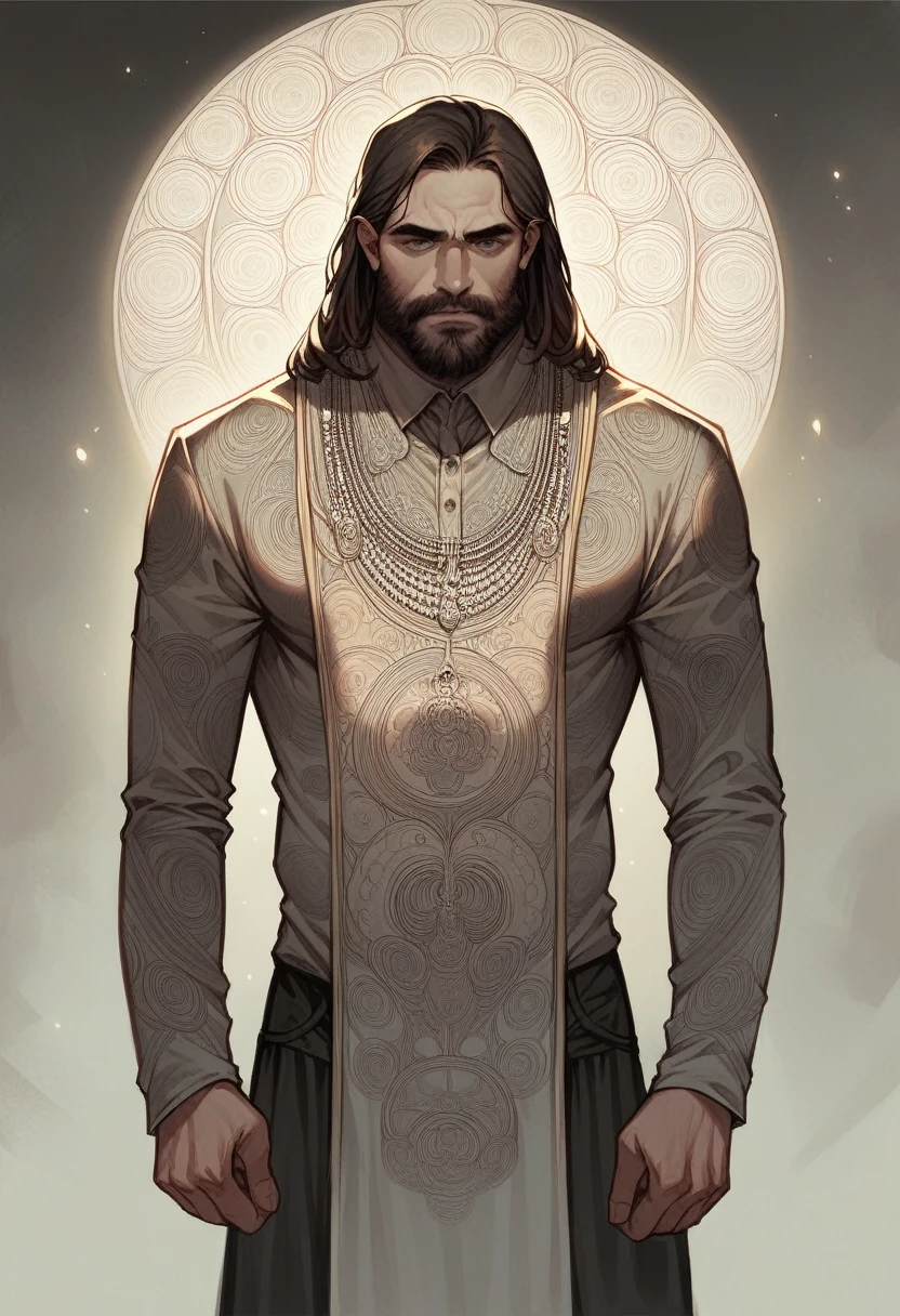 a man with long beard,persian clothing,detailed facial features,detailed clothing,intricate patterns,ornate accessories,dramatic lighting,cinematic composition,moody color palette,high quality digital painting
