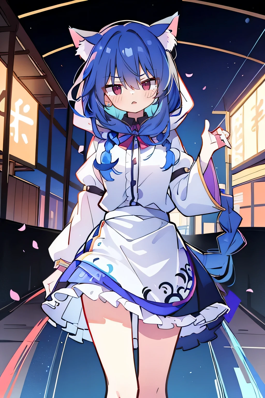 (masterpiece:1.2),Super detailed,lifelike,Expressive eyes,fair skin,perfect face shape,1 girl,
Japanese comics,Gorgeous blue hair,flowing blue hair,flowing clothes,Cat ears,Petals fall,beautiful lola,Baby Angel,
Shaking head with one hand,Cross your legs,Gentle and peaceful background,The pavilion is cool and comfortable,smile, wearing hoodie, background of tokyo,back views.fgo style,like \(destiny\), like Adult, hair length, underwear, masterpiece, Top quality, 1 Girl, looking at the audience,(((braid)))、shameful face、Embarrassed face、Long body、huge 、