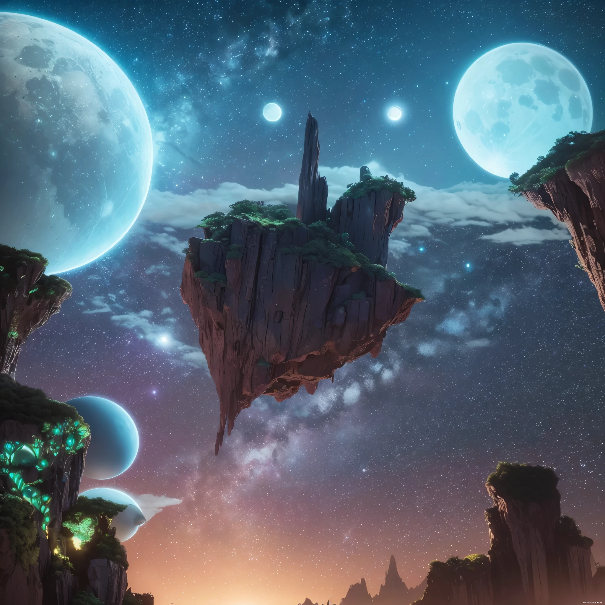 the surface of an alien planet where the laws of physics and nature as we know them are redefined. The sky is a tapestry of vibrant colors, with two moons that loom large on the horizon. Bioluminescent plants cast an ethereal glow over the landscape, lighting up a futuristic alien city, intricate details, surreal, cinematographic, 64k