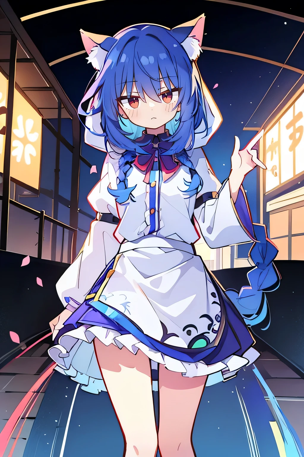 (masterpiece:1.2),Super detailed,lifelike,Expressive eyes,fair skin,perfect face shape,1 girl,
Japanese comics,Gorgeous blue hair,flowing blue hair,flowing clothes,Cat ears,Petals fall,beautiful lola,Baby Angel,
Shaking head with one hand,Cross your legs,Gentle and peaceful background,The pavilion is cool and comfortable,smile, wearing hoodie, background of tokyo,back views.fgo style,like \(destiny\), like Adult, hair length, underwear, masterpiece, Top quality, 1 Girl, looking at the audience,(((braid)))、shameful face、Embarrassed face、Long body、huge 、