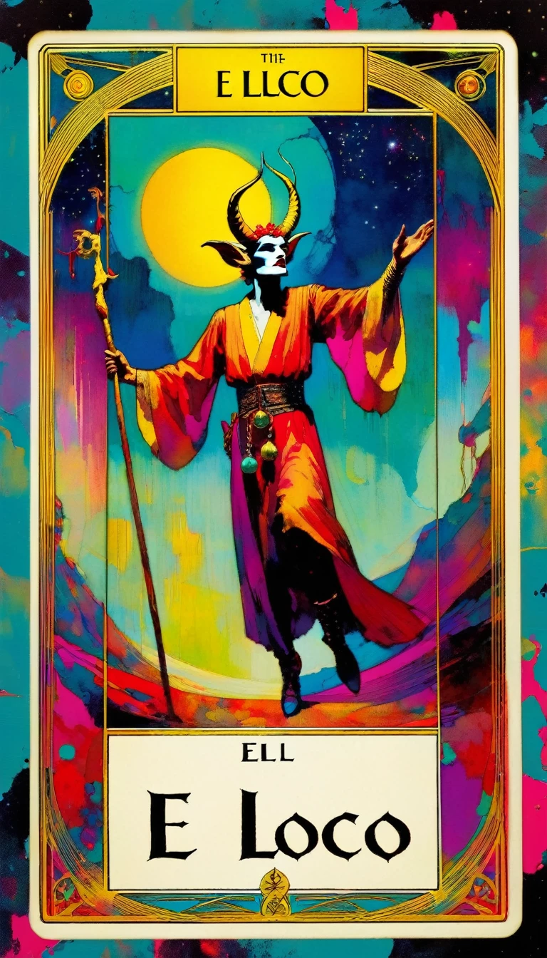 tarot card, the fool, tarot card frames ((text on card: "EL LOCO")) (art inspired by Bill Sienkiewicz). vivid colors, oil painting)