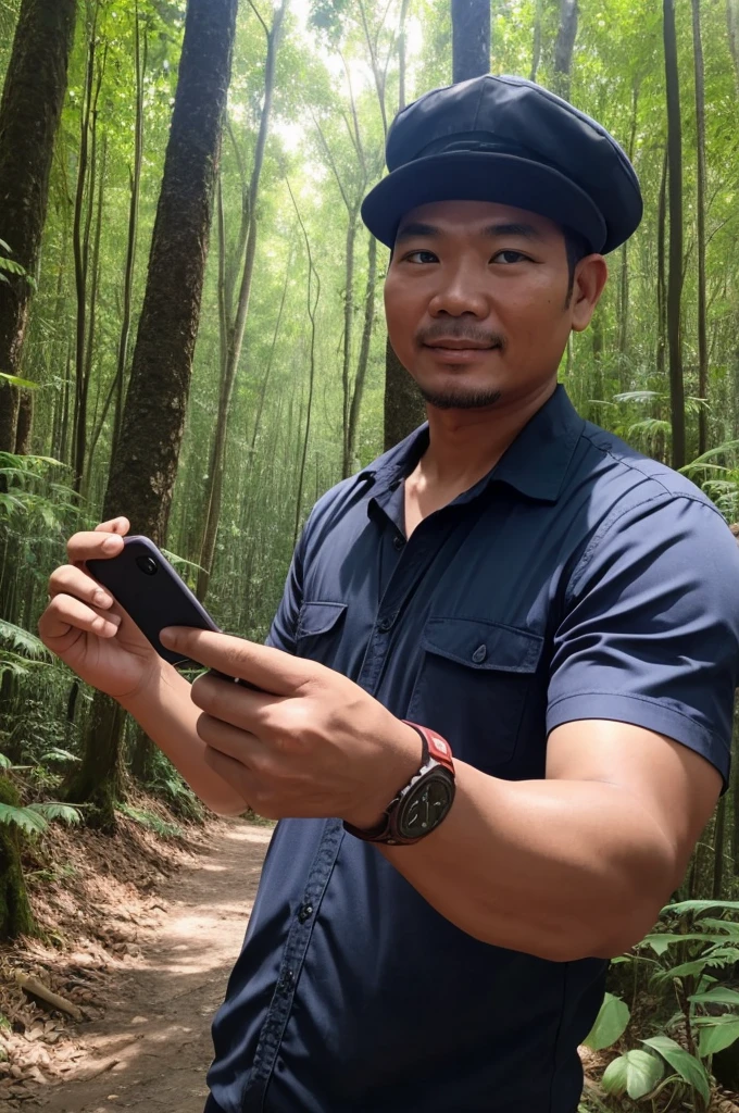 a hand some man, selfie, in the forest, vietnamese man