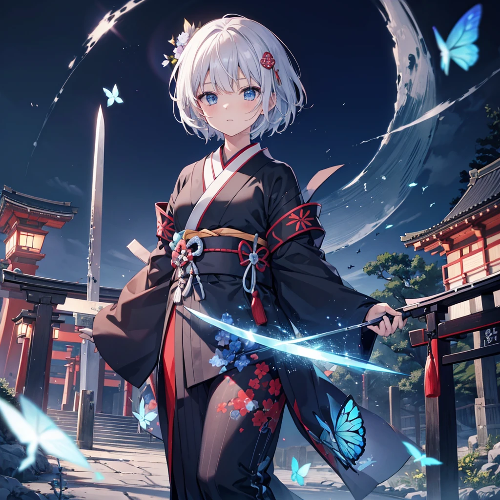 (((1 person)))　((High resolution　Gray Hair　short hair　Black kimono　Shoulder　knifeを構える))　((Black Band　samurai　Lonely　despair　blue eyes))　((Blue Butterfly　night　Japanese style　old　Shining Aura　garden　shrine　torii　Catch the wind))　(dance　日本knife　knife　Slashing)　moonlight　star　Draw your sword　Shining Background　Shining Edge