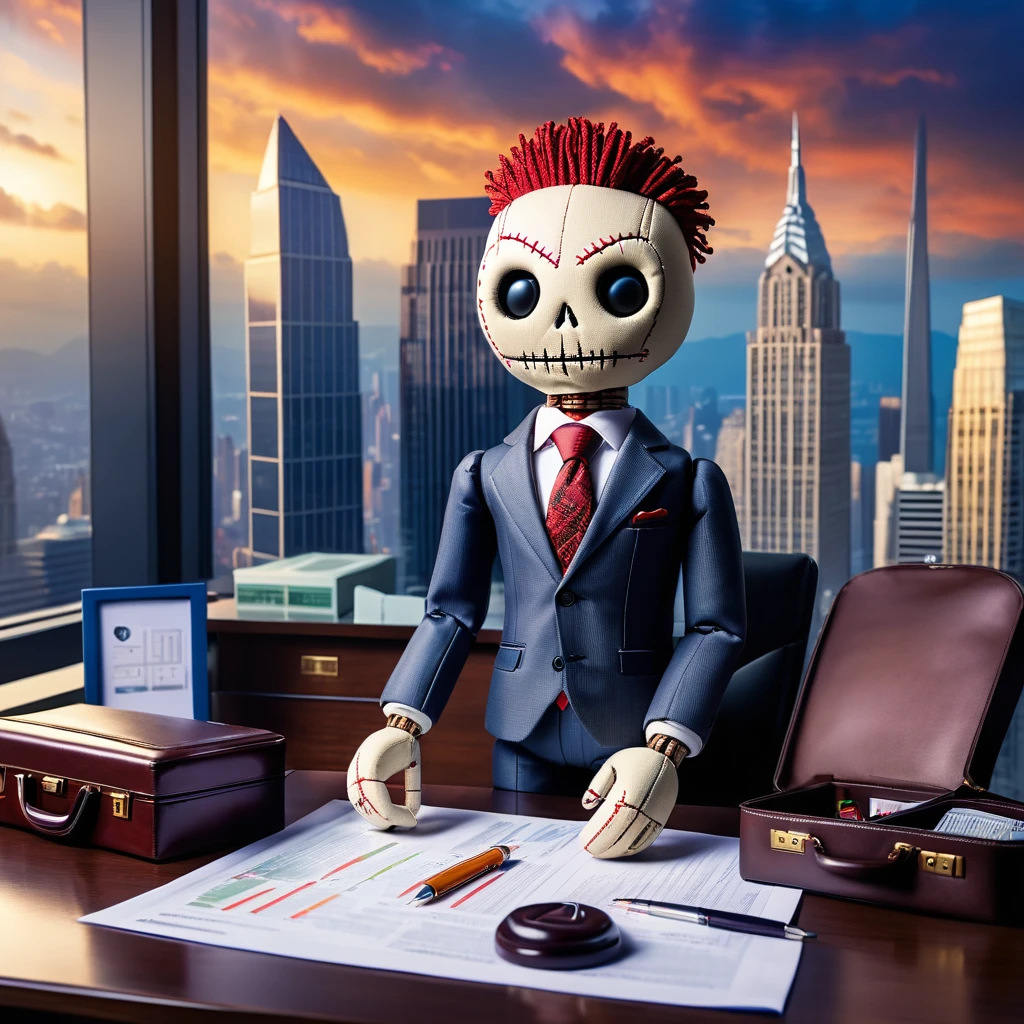 (knitted toy voodoo doll:1.2), (Voodoo Businessman:1.3), (Clothes: Business suit, tie, briefcase:1.0), (in the background Office skyscraper, business meeting, large windows overlooking the city:1.2), best quality, masterpiece, detailed soft oil painting, detailed background, dramatic cinematic lighting, soft edge lighting, professional, dramatic lighting, hard edge lighting, ultra quality, 4k, masterpiece, best quality, 8k, ultra high definition, high resolution, extremely detailed