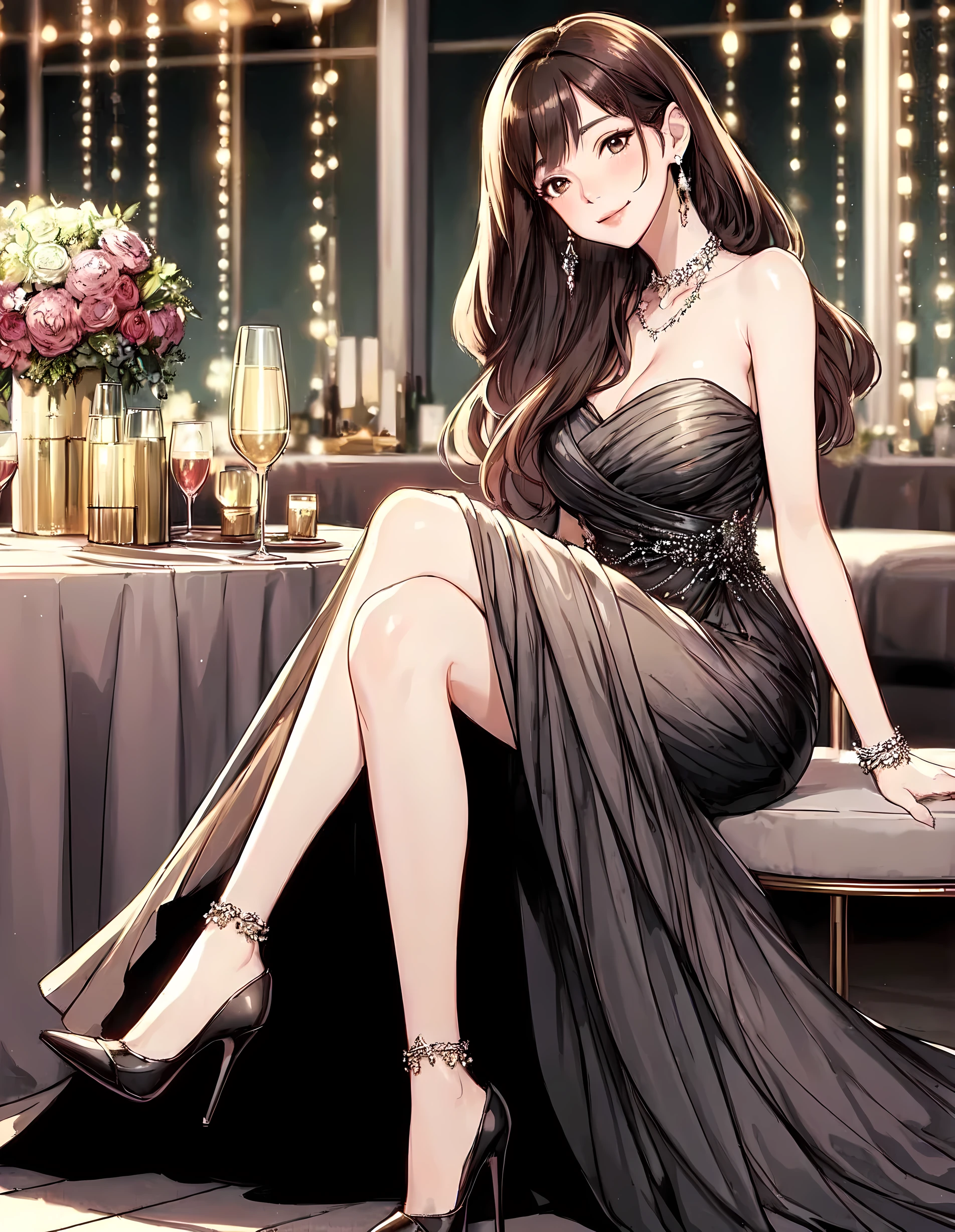 1lady solo, sitting, (evening dress) stylish, long hem, (mature female:0.8), /(dark brown hair/) bangs, blush kind smile, (masterpiece best quality:1.2) delicate illustration ultra-detailed, large breasts BREAK (luxury  venue) indoors, chandelier, champagne glass, detailed background