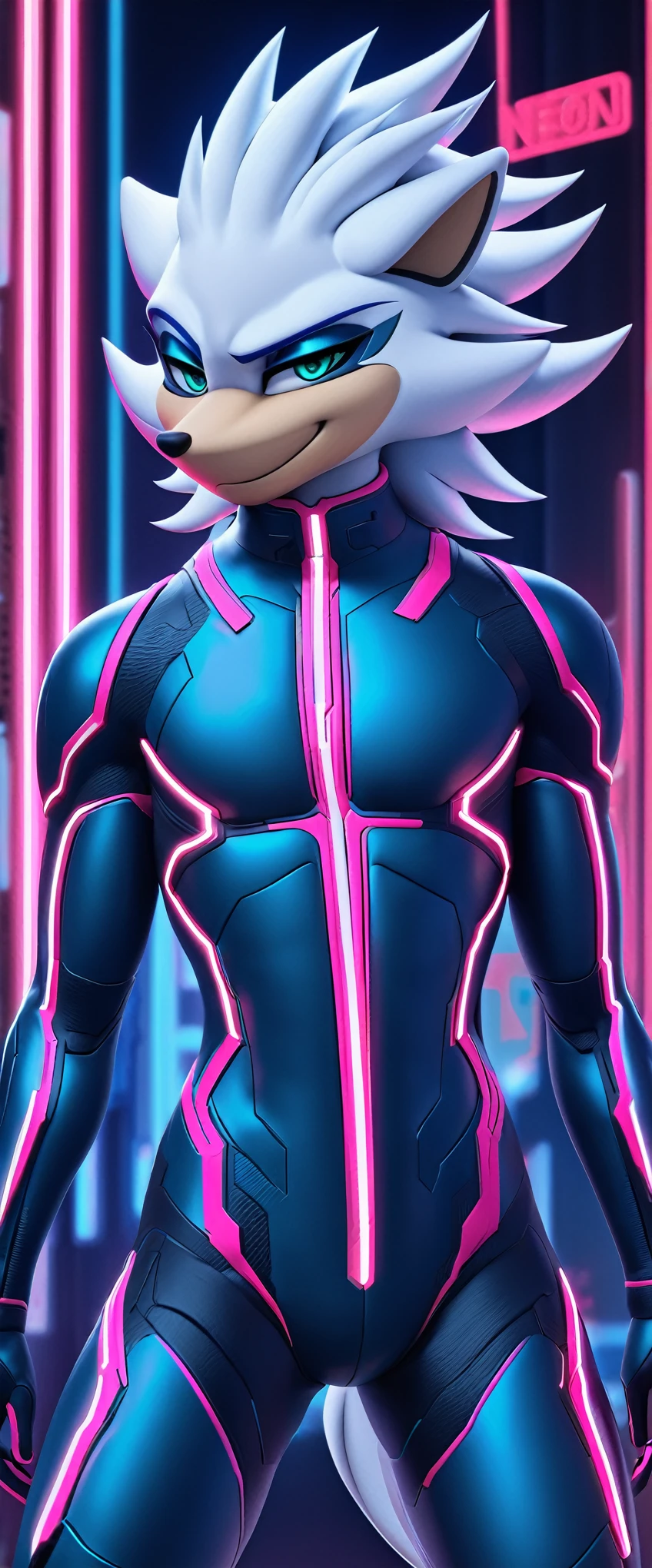 (((masterpiece:1.5, 4K, 8K))), a (((full body))) high quality digitally drawn rendered image ((by SEGA)) of A solo, slim male anthro ((silver—white hedgehog)), with glowing blue eyes, ((metallic blue eyeliner:1.5)), (((tan muzzle))), wearing a (((sci-fi bodysuit))) stands in a neon-lit cyberpunk city The android's bodysuit is adorned with (((bright teal coloring:1.5))) with (((neon pink accents:1.4))), and intricate android seams, creating a futuristic look. the android has a seductive smirk on his face