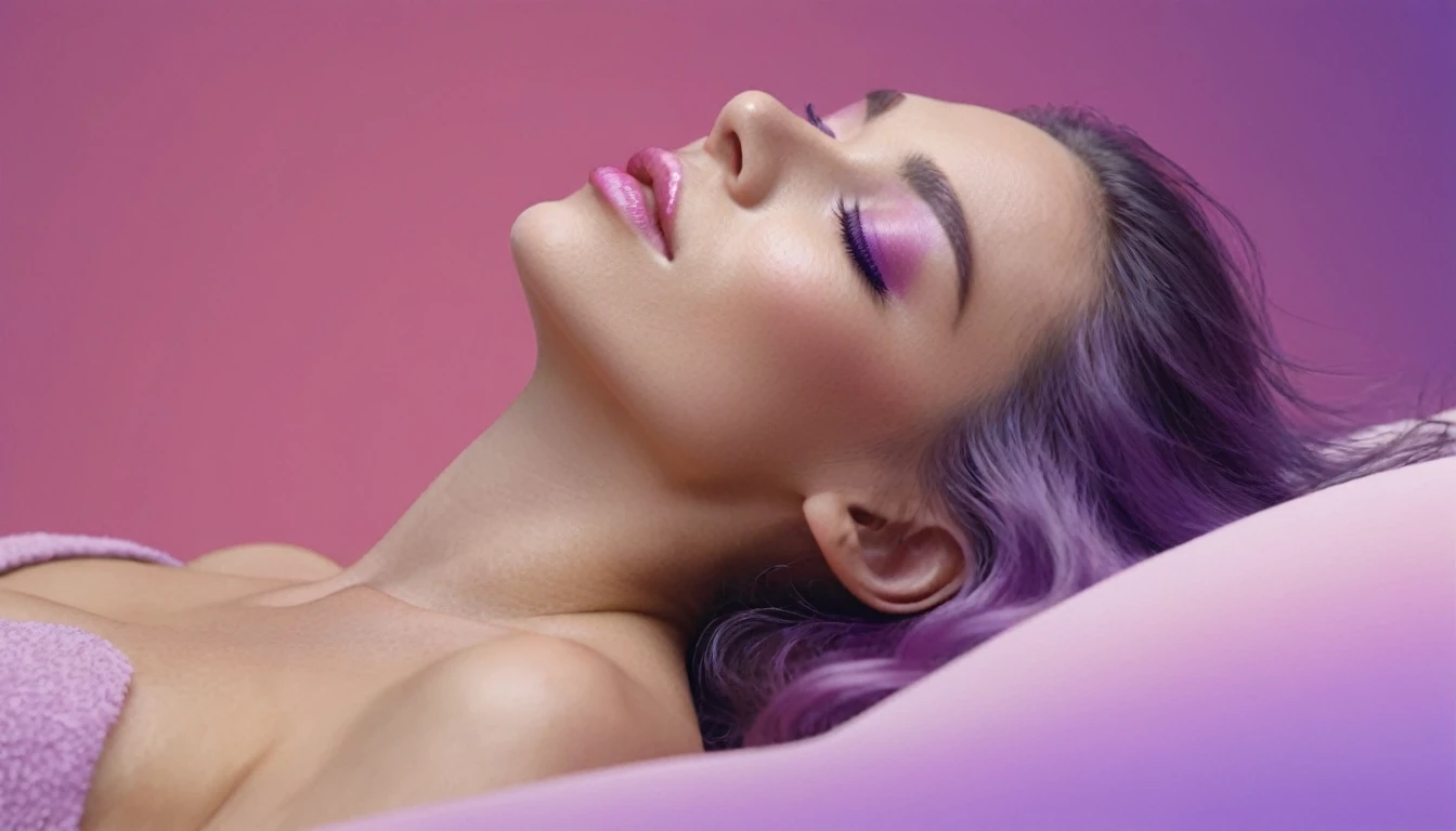 smartphone in hands, squirting naked blackhair woman with long hair laying on bed, she holds smartphone in her hands, open mouth, glowing with pink and purple colours, hair floating covering chest, wavy hair spread out, she is laying on her back, attractive neck, sensual woman, hands on face, laying on her back, pale skin curly blond hair, sensuality, fashion model face closed eyes, fashion model face, close up of a blonde woman, she is having orgasm, minimalistic, in a light purple and pink style, with soft edges and blurred details, in the toycore style, with a 3D render, on a colorful background, with a minimalist stage design, in a surreal style, with a cinema4D rendering, with a minimalist style, with low saturation, using gradient colors, with a cinema4D rendering, with a blender rendering, with super detail, at a super high resolution, at a super high definition