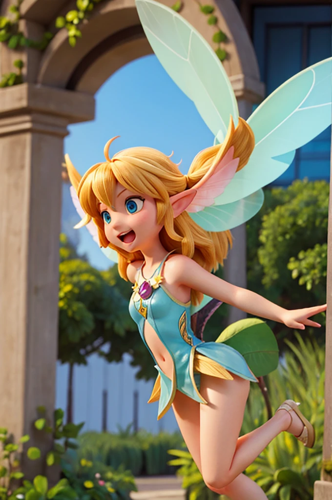 a fairy with blond hairy, with a fairy wings, open arms