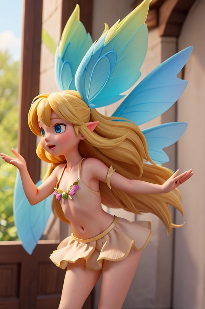 a fairy with blond hairy, with a fairy wings, open arms