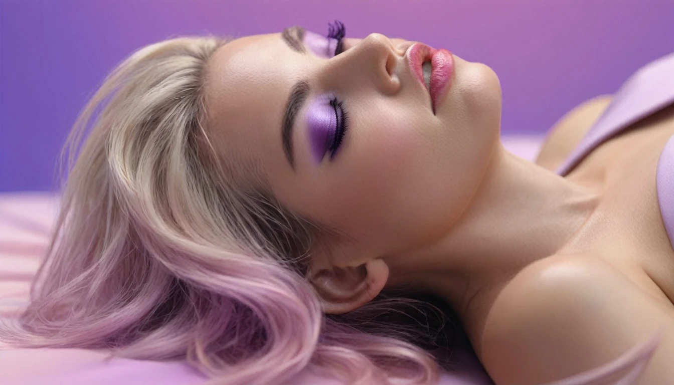 smartphone in hands, squirting naked blackhair woman with long hair laying on bed, she holds smartphone in her hands, open mouth, glowing with pink and purple colours, hair floating covering chest, wavy hair spread out, she is laying on her back, attractive neck, sensual woman, hands on face, laying on her back, pale skin curly blond hair, sensuality, fashion model face closed eyes, fashion model face, close up of a blonde woman, she is having orgasm, minimalistic, in a light purple and pink style, with soft edges and blurred details, in the toycore style, with a 3D render, on a colorful background, with a minimalist stage design, in a surreal style, with a cinema4D rendering, with a minimalist style, with low saturation, using gradient colors, with a cinema4D rendering, with a blender rendering, with super detail, at a super high resolution, at a super high definition
