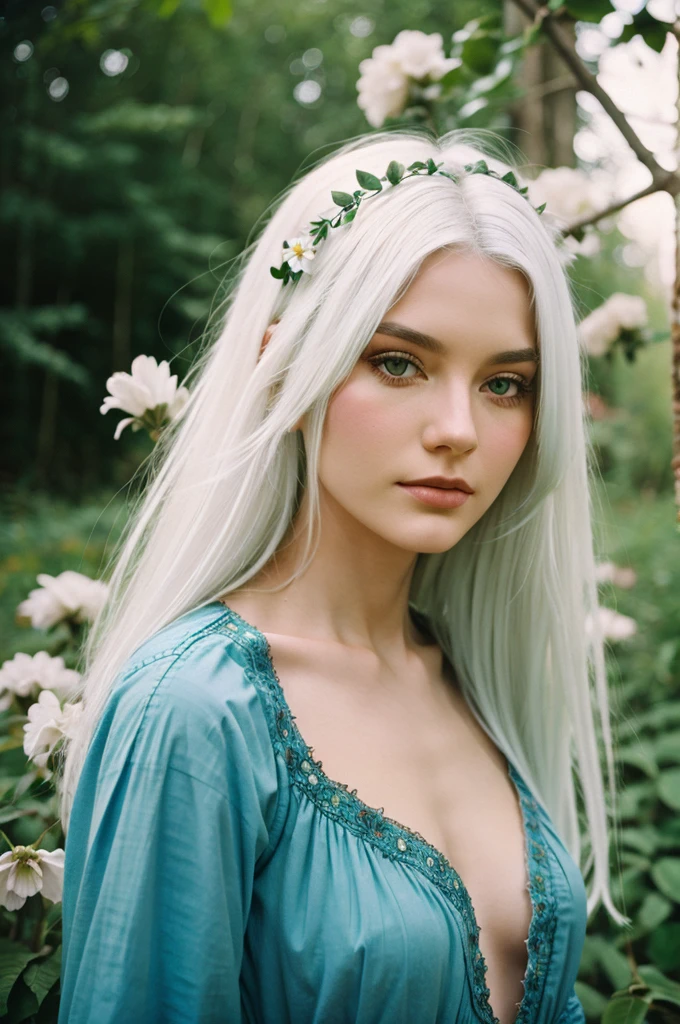 (old color photo) of alraune woman, flower, white hair, analog style, modelshoot style, 35mm, vignette, 6 feet tall girl 
