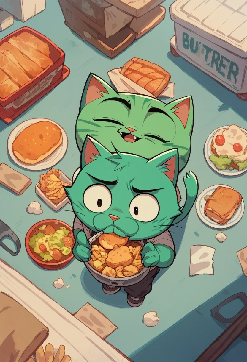 A bird's-eye view of the quirky, winding streets of Burgerburg, showing the fat green cat and the Joker overcoming various food-themed obstacles.