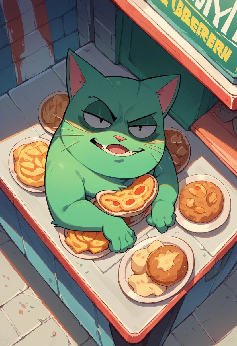 A bird's-eye view of the quirky, winding streets of Burgerburg, showing the fat green cat and the Joker overcoming various food-themed obstacles.