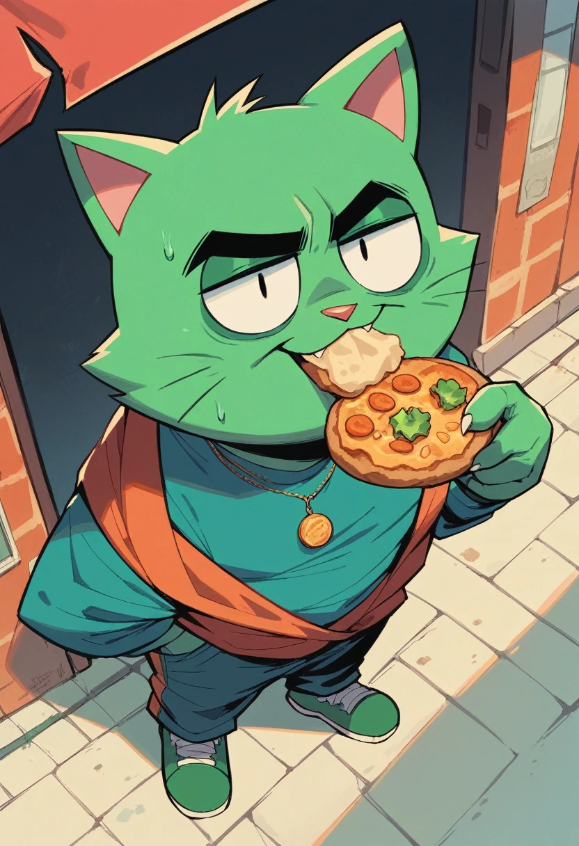 A bird's-eye view of the quirky, winding streets of Burgerburg, showing the fat green cat and the Joker overcoming various food-themed obstacles.