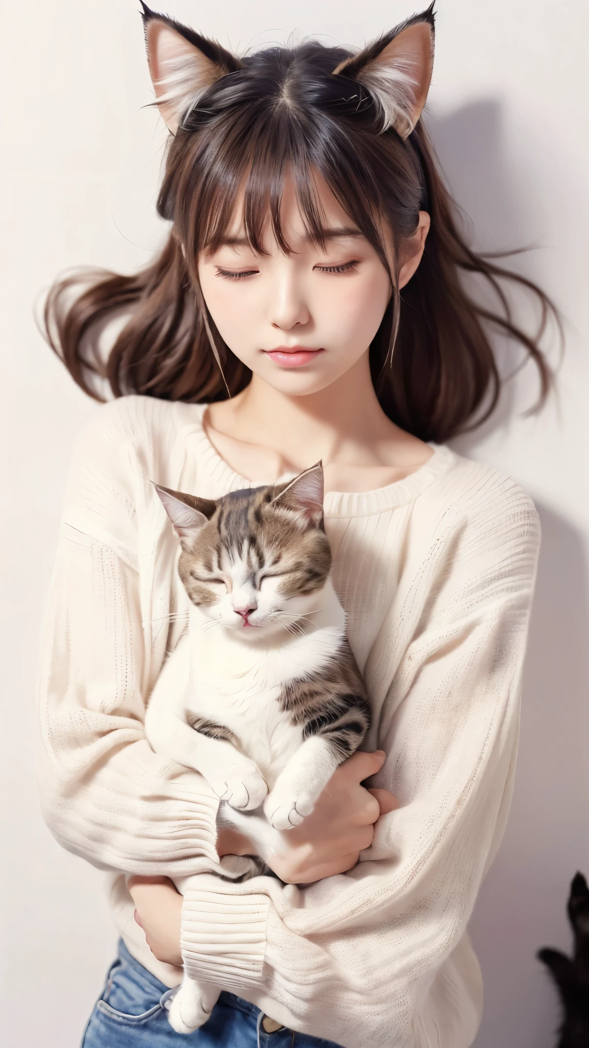 masterpiece, 4K, Bokeh, (cute:1.5), (beautiful girl:1.3), (Japanese Idols:1.6), (Cat ear:1.3) , (sweater:1.3), (I like cats:1.6), Blushed, (Holding a sleeping white cat:1.5), (Kiss the cat:1.3), (White Background :1.4),