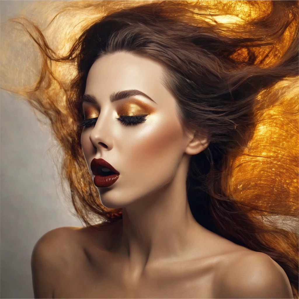 bearded bearded woman, brown hair, amber eyes, kisses the void with her mouth, eyes closed