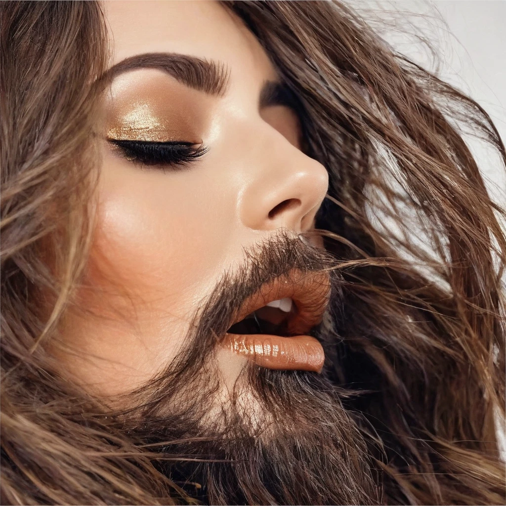 bearded bearded woman, brown hair, amber eyes, kisses the void with her mouth, eyes closed