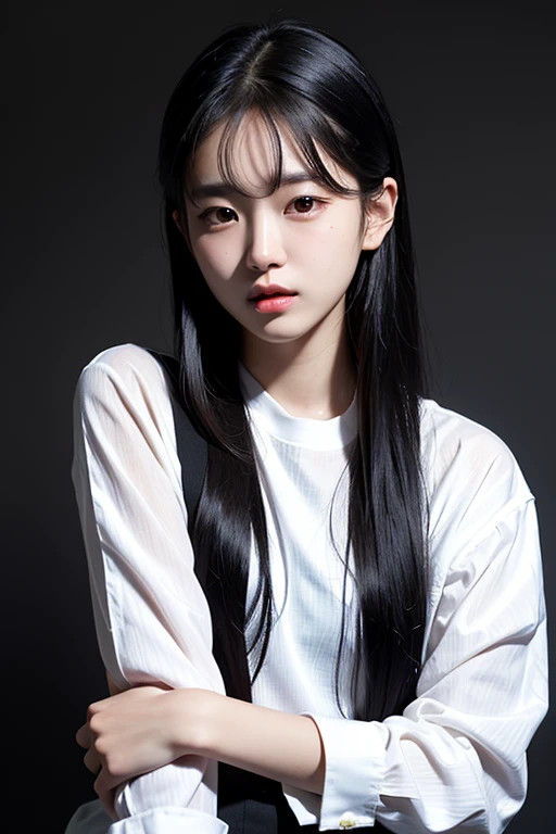 Ultra-Realistic Photorealistic Portrait, Solo Portrait, Korean Girl, 16 Years Old, Attractive, Cute Face, White Shirt (Black Stripes), Full Body, Black Eyes, High Resolution, Masterpiece, Best Quality, Intricate Details

This stunning ultra-realistic portrait showcases a captivating 16-year-old Korean girl in a white shirt adorned with black stripes. Her cute face, glowing with an ethereal charm, captures your attention, consumers of the art feeling as if they are drawn into her brilliant eyes, as black as the void itself. The portrait, a masterpiece of design and technique