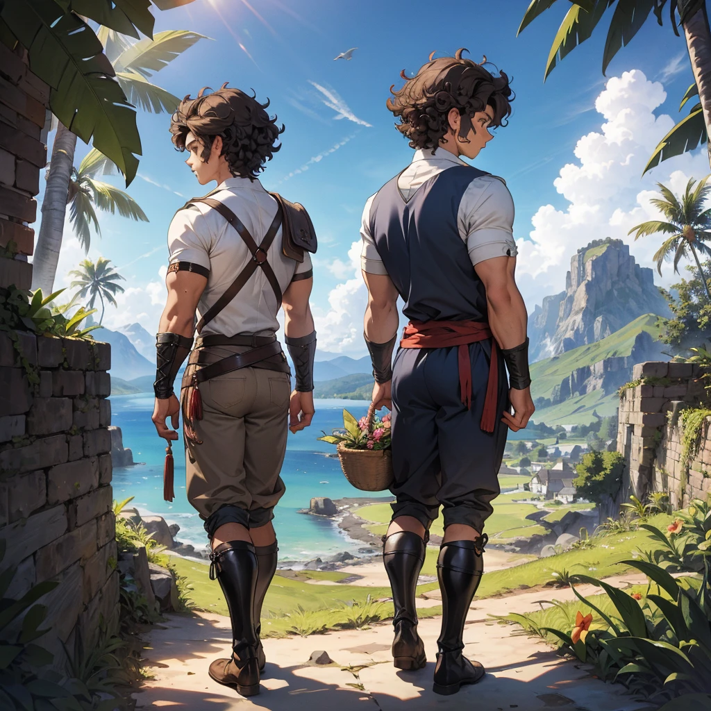 back view curly hair boy with medieval farmer outfit adventure in the tropical mounntain