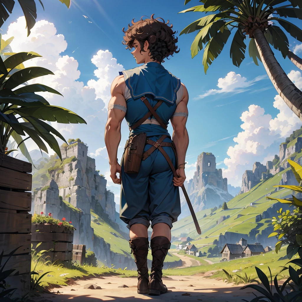 back view curly hair boy with medieval farmer outfit adventure in the tropical mounntain