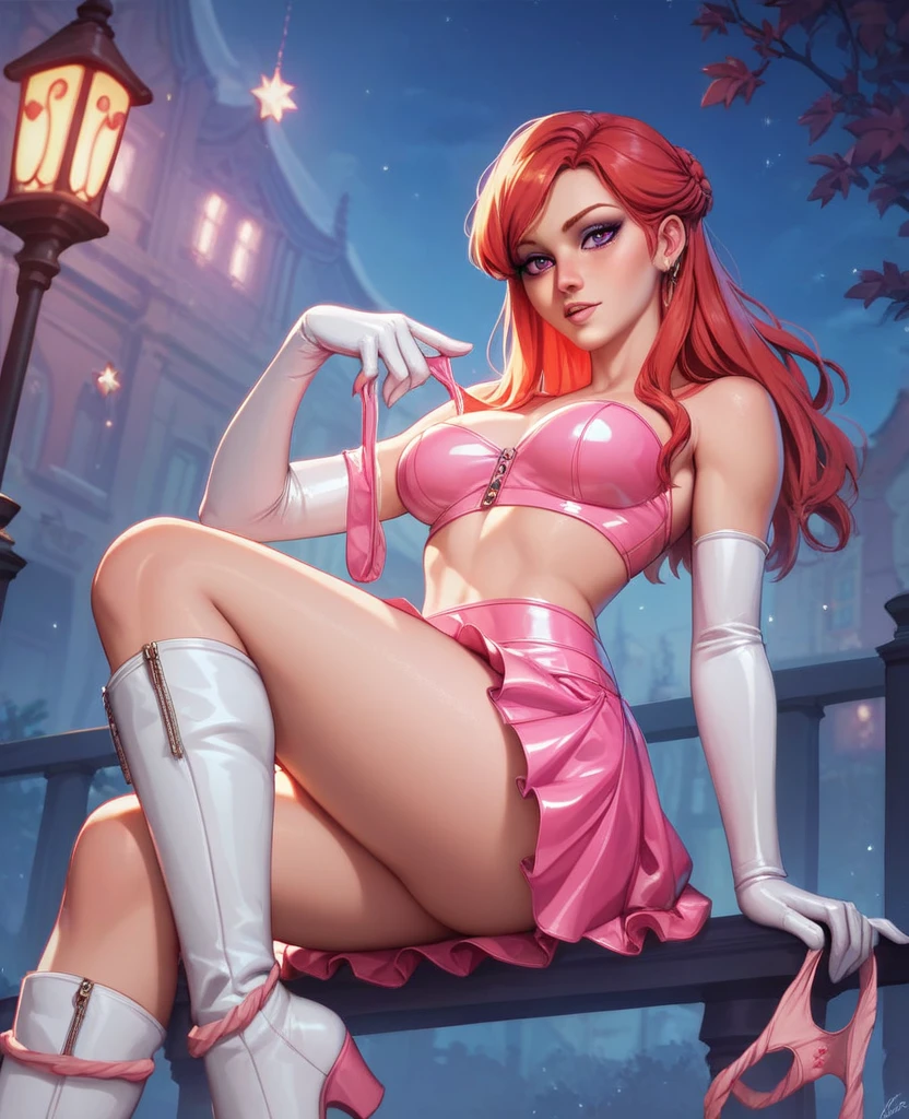 Masterpiece, best quality, castlevania style,nishikino maki, red hair, purple eyes,breasts, pink latex crop top,pink latex skirt, white elbow gloves, white knee boots,  panties around legs, night 