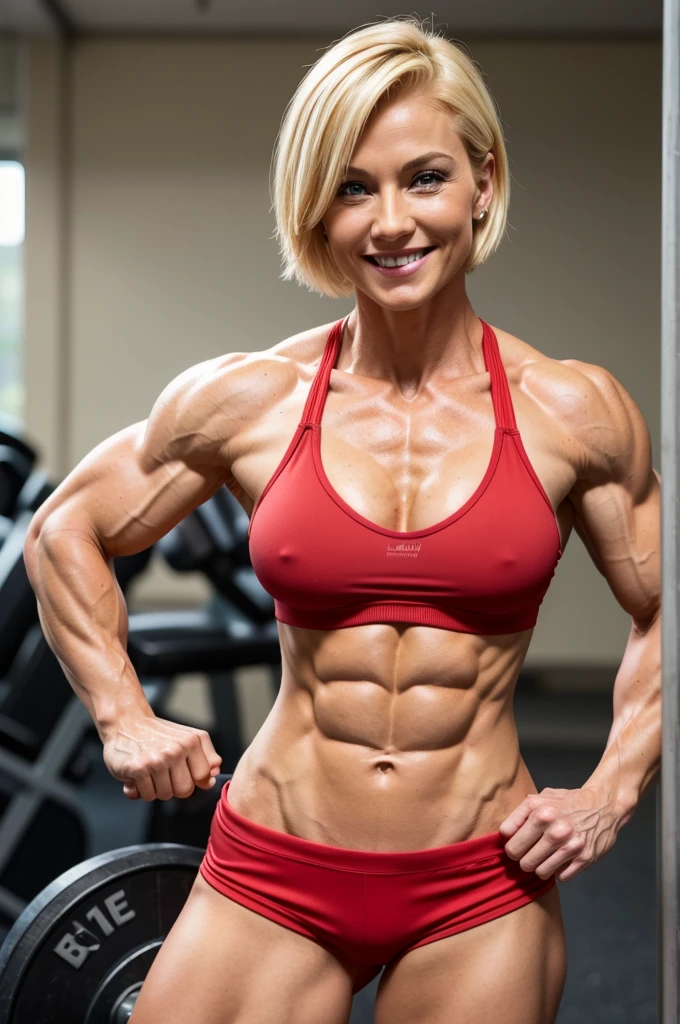 blonde short Hair、smile、muscular german female bodybuilder,50 years old,(((sculpted eight-pack abs))),red sports bra、Red shorts、love me、staring at me、standing in the gym