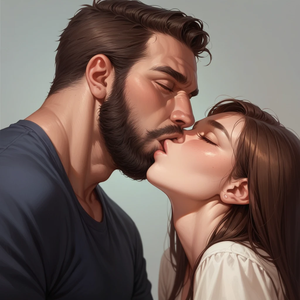 bearded bearded woman, brown hair, amber eyes, kisses the void with her mouth, eyes closed