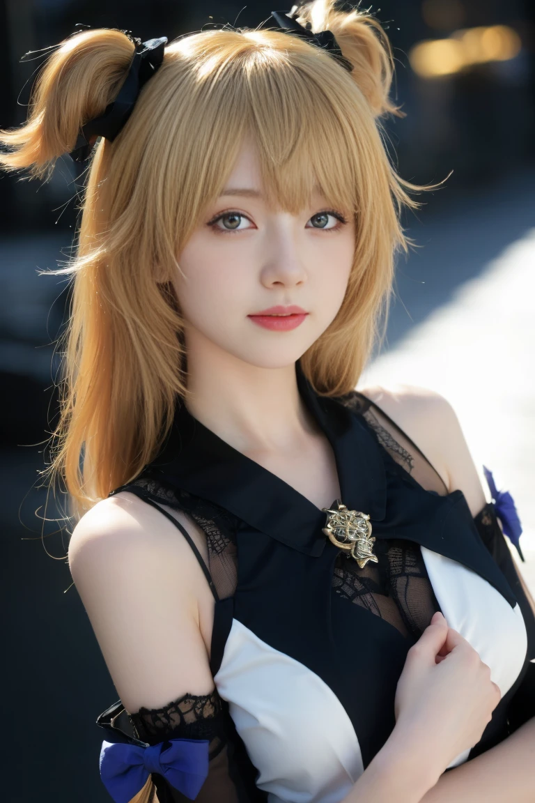 best quality, tmasterpiece,Ultra-high resolution,Clear face,(Reality:1.4),ferpect lighting,(upper body shot:1.5), (photorealistic:1.50), anime wallpaper, Guviz style artwork, cover-up fantasy up to magic , by Yang J, Guviz, beautiful artwork illustration, beautiful digital artwork, beautiful digital illustration, Li Song, beautiful anime portrait, art style in Beauvot, 1girl, fischl_\(genshin_impact\), 独奏, eyepatch, green_eyes, two_side_up, (blonde hair:1.3), Twintails, breasts, gloves, fang, long_hair, looking_at_viewer, bow, smile, open_mouth, skin_fang, garter_straps, just_shoulders, purple_bow, white_background, bangs, small_breasts, bowtie, hair_over_one_eye, feathers, hair_ribbon, ribbon, dress, simple_background, medium_breasts, blush, purple bodysuit,