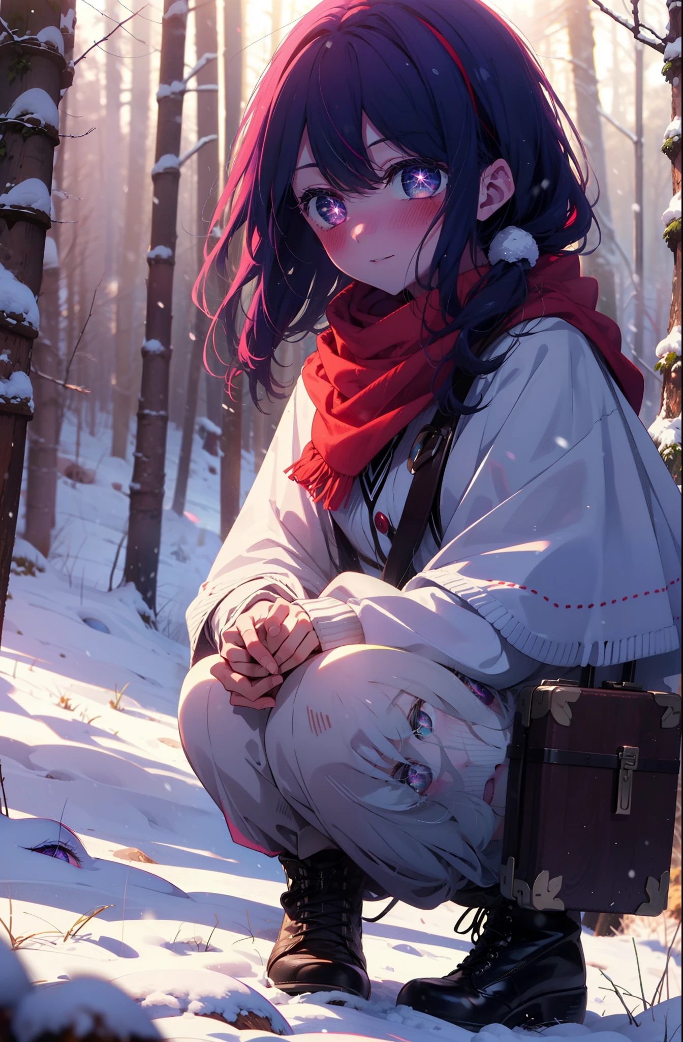 aihoshino, Ai Hoshino, Long Hair, bangs, (Purple eyes:1.1), Purple Hair, (Symbol-shaped pupil:1.5), smile,,smile,blush,White Breath,
Open your mouth,snow,Ground bonfire, Outdoor, boots, snowing, From the side, wood, suitcase, Cape, Blurred, , forest, White handbag, nature, Squat, Mouth closed, Cape, winter, Written boundary depth, Black shoes, red Cape break looking at viewer, Upper Body, whole body, break Outdoor, forest, nature, break (masterpiece:1.2), Highest quality, High resolution, unity 8k wallpaper, (shape:0.8), (Beautiful and beautiful eyes:1.6), Highly detailed face, Perfect lighting, Highly detailed CG, (Perfect hands, Perfect Anatomy),
