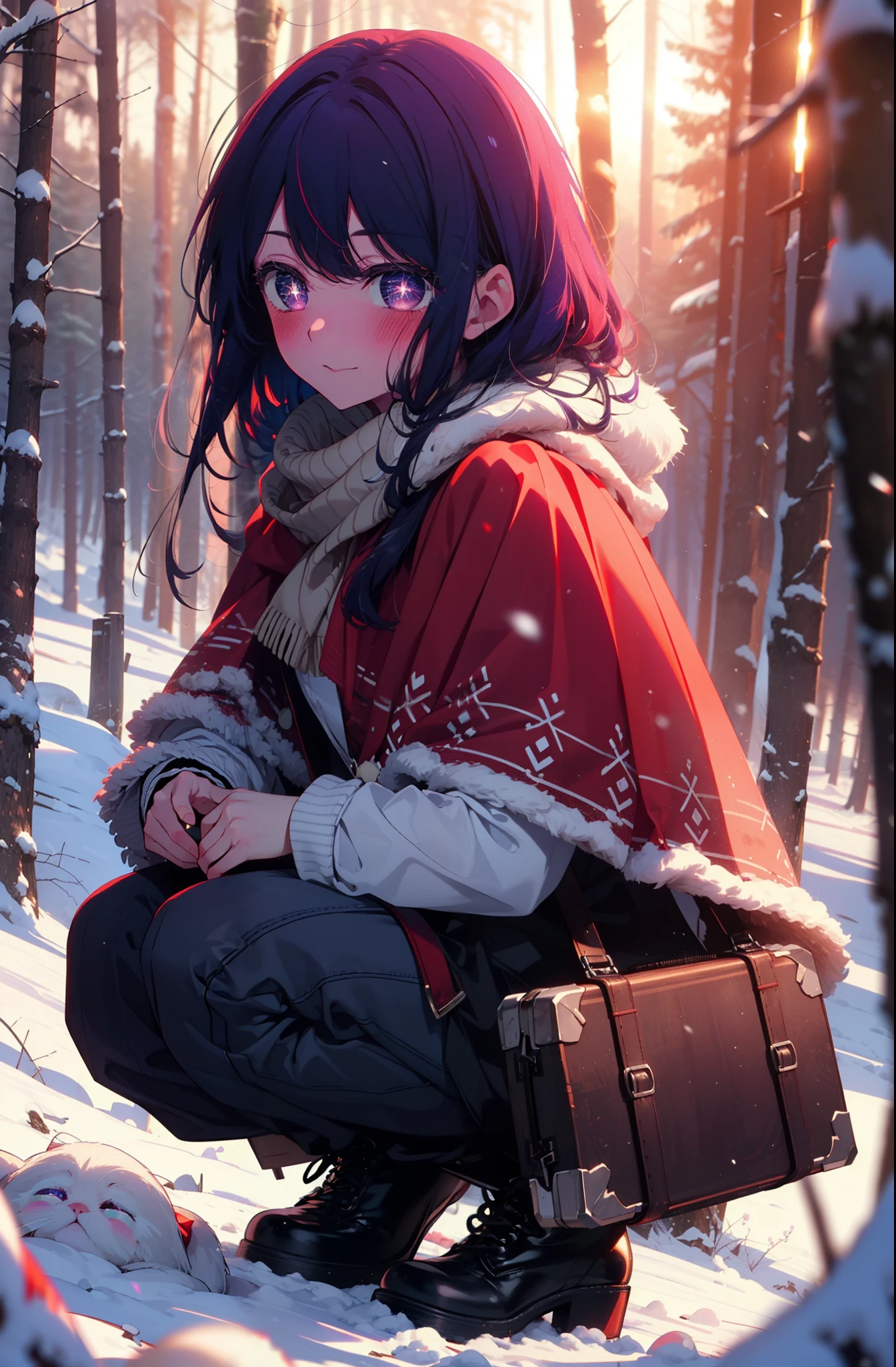 aihoshino, Ai Hoshino, Long Hair, bangs, (Purple eyes:1.1), Purple Hair, (Symbol-shaped pupil:1.5), smile,,smile,blush,White Breath,
Open your mouth,snow,Ground bonfire, Outdoor, boots, snowing, From the side, wood, suitcase, Cape, Blurred, , forest, White handbag, nature, Squat, Mouth closed, Cape, winter, Written boundary depth, Black shoes, red Cape break looking at viewer, Upper Body, whole body, break Outdoor, forest, nature, break (masterpiece:1.2), Highest quality, High resolution, unity 8k wallpaper, (shape:0.8), (Beautiful and beautiful eyes:1.6), Highly detailed face, Perfect lighting, Highly detailed CG, (Perfect hands, Perfect Anatomy),