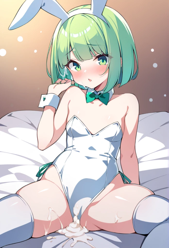 1 girl, cute, young, green hair, bob haircut, green eyes, playboy bunny, thigh high, {{{{{{{{excessive cum}}}}}}}}, bukkake,