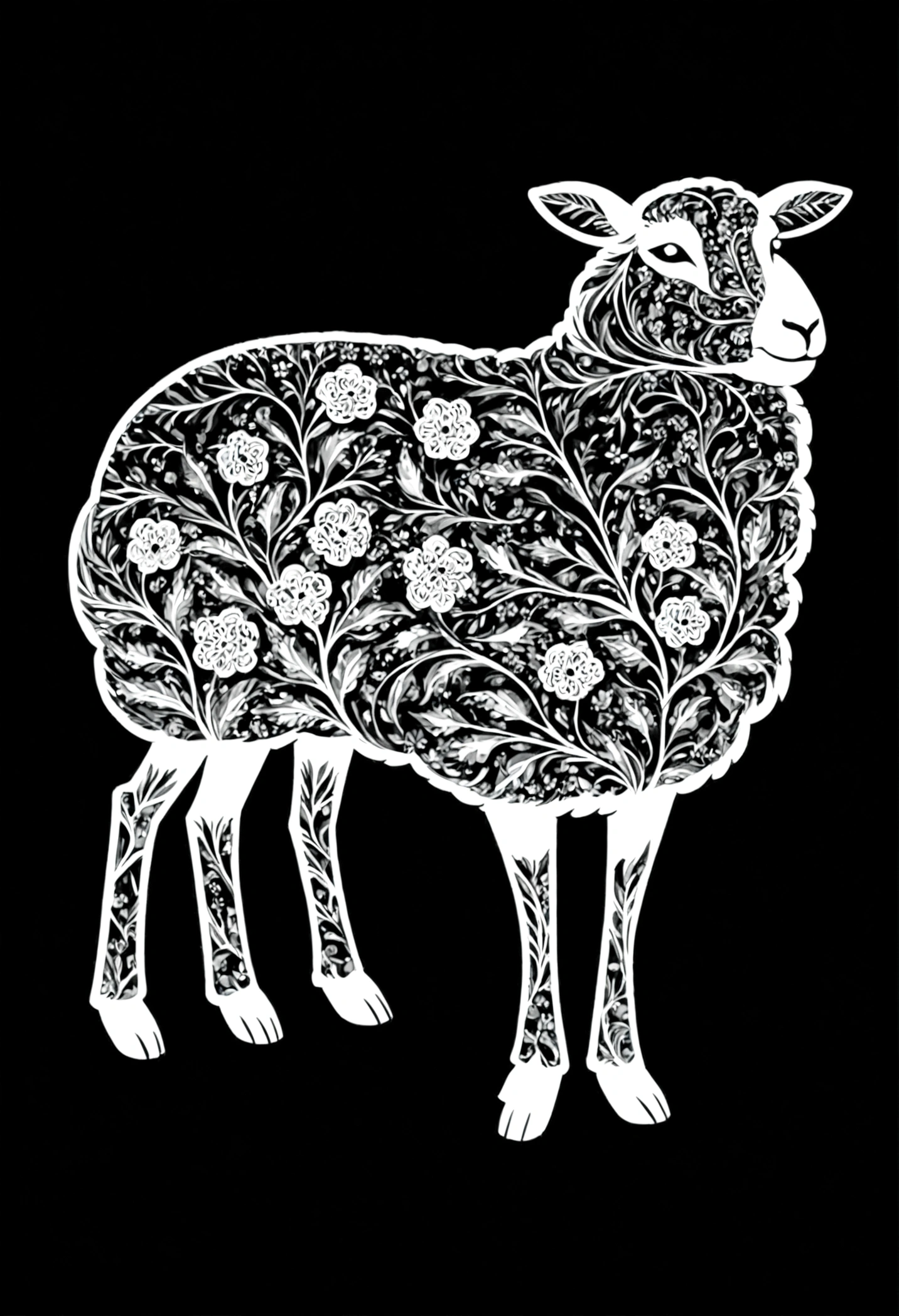 A sheep and a white silhouette design,Black Background,Beautiful silhouette,looking at the camera,Biologically correct