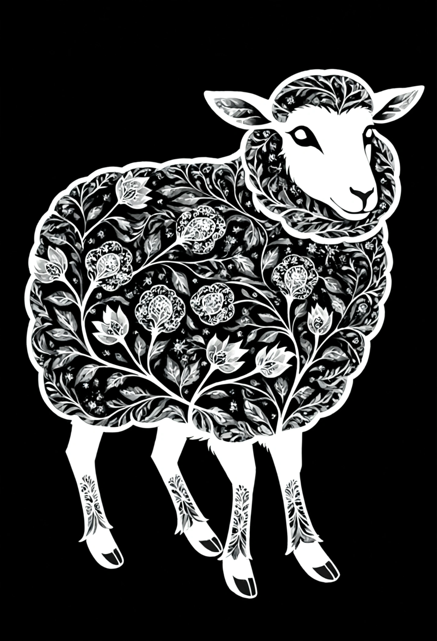 A sheep and a white silhouette design，Black Background，Beautiful silhouette，looking at the camera，Biologically correct