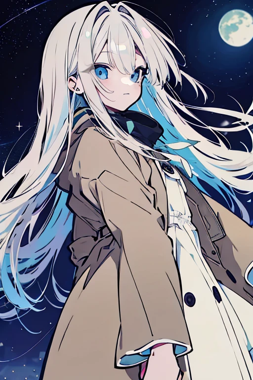 white haired girl,eyes are blue,DC sea long hair,Wearing a brown coat,Standing in the dark,There are stars in the sky,Colorful,anime style