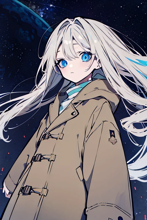 white haired girl,eyes are blue,DC sea long hair,Wearing a brown coat,Standing in the dark,There are stars in the sky，Colorful，anime style