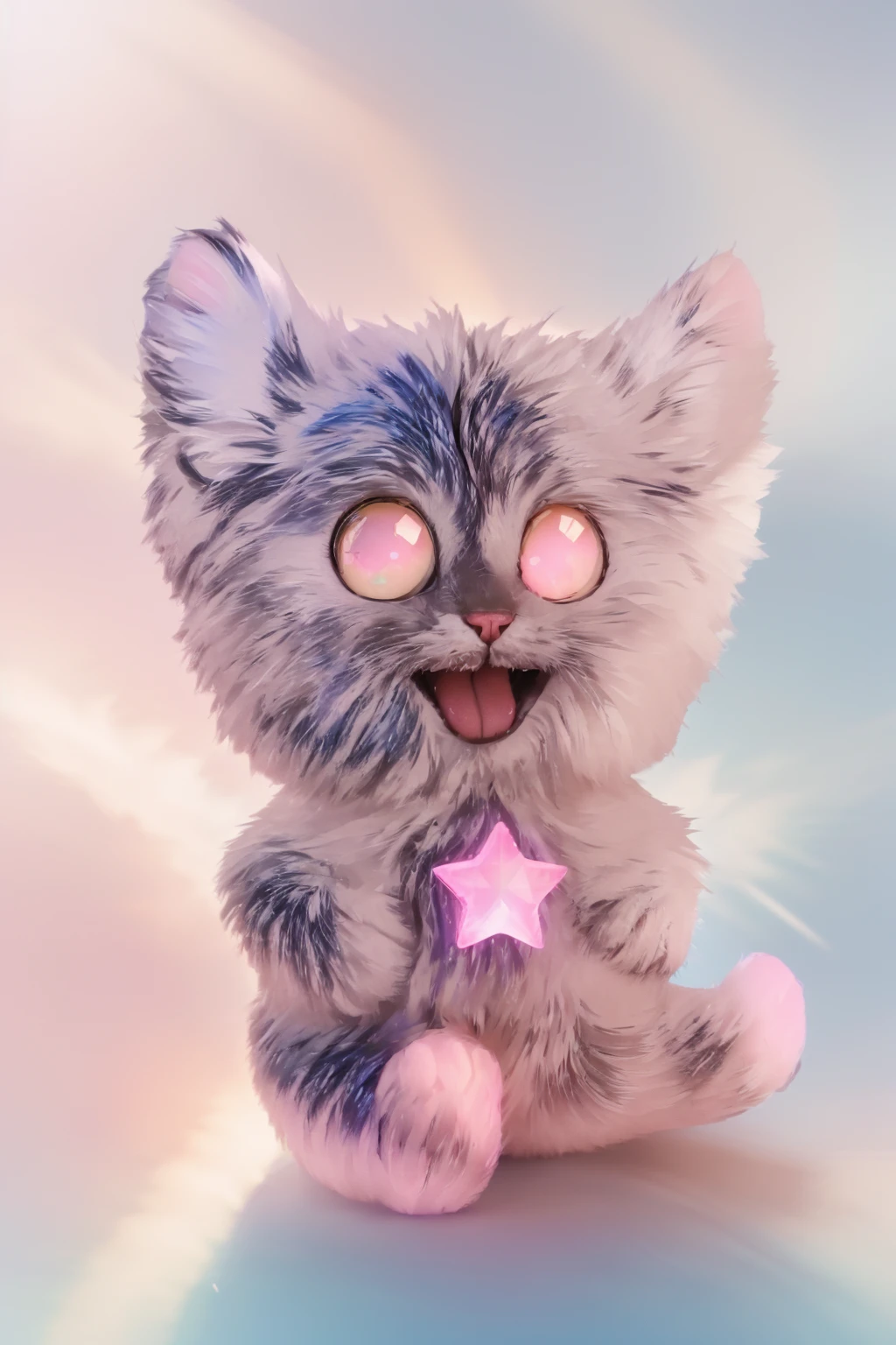   The image features a super fluffy cute pink cartoon cat with large expressive eyes and a cheerful smile, standing against a blue background, chubby cat, fluffy cat, pink cat, shiny pink cat, super fluffy 3d pink cat with bright gradient reflections,  beeple and jeremiah ketner, adorable digital painting, 3 d icon for mobile game, 3 d littlest pet shop cat, cat cat dreamcats, cat from the void, normal map, cute detailed digital art, cats cat dreamcats, cat. digital painting, cute 3 d render, multiple light sources, rim light, sharp post effects render, (fluffy fur texture with multiple big light probe refractions), perfect cgi, cgi art, smooth silhouette, high intensity refraction, (mesh material), most beautiful vfx, blue background, mesh refractions. It in 4k resolution, allowing viewers to immerse themselves in the richness of the colors and intricate details. The realistic rendering. under the spotlight, reflecting, high-resolution image, realistic rendering, dark background, and rim light photorealistic, The background is black