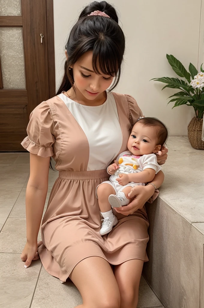 16 hears cute girl with feed milk to cute baby with stylish colour full modern dress with romantic hot mood pic
