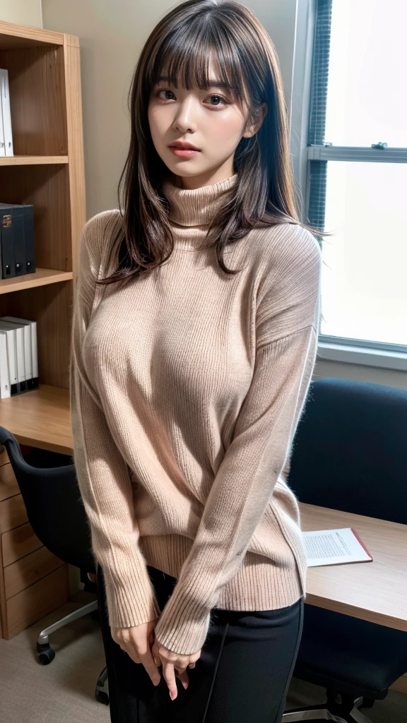 highest quality,Very detailed,finely,High resolution,8k wallpaper,Perfect dynamic composition,Office Lady,whole body,Are standing,Pink knitwear,turtleneck,Shedding bangs,finel beautiful eyes,Natural Lip,(Saggy  breasts:1.3