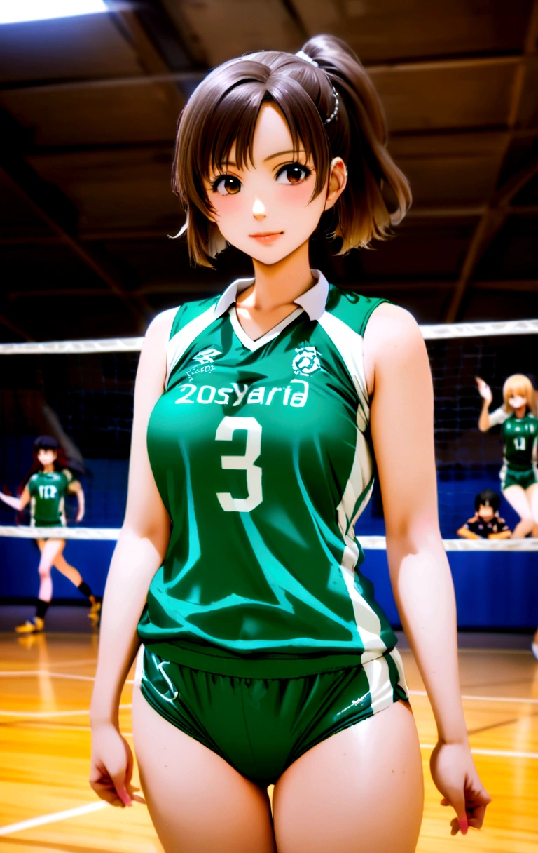 Arabian woman taking a photo wearing green volleyball uniform, Wearing a volleyball jersey, Chiho ashima, Chiho, aoshima Chiho, Ogata Aoi, Nishimiya Shoko, Yoshitomo Nara, Yuki Morita, deAyami kojima, mayuri shiina, Ayami, Kazami Yuuka