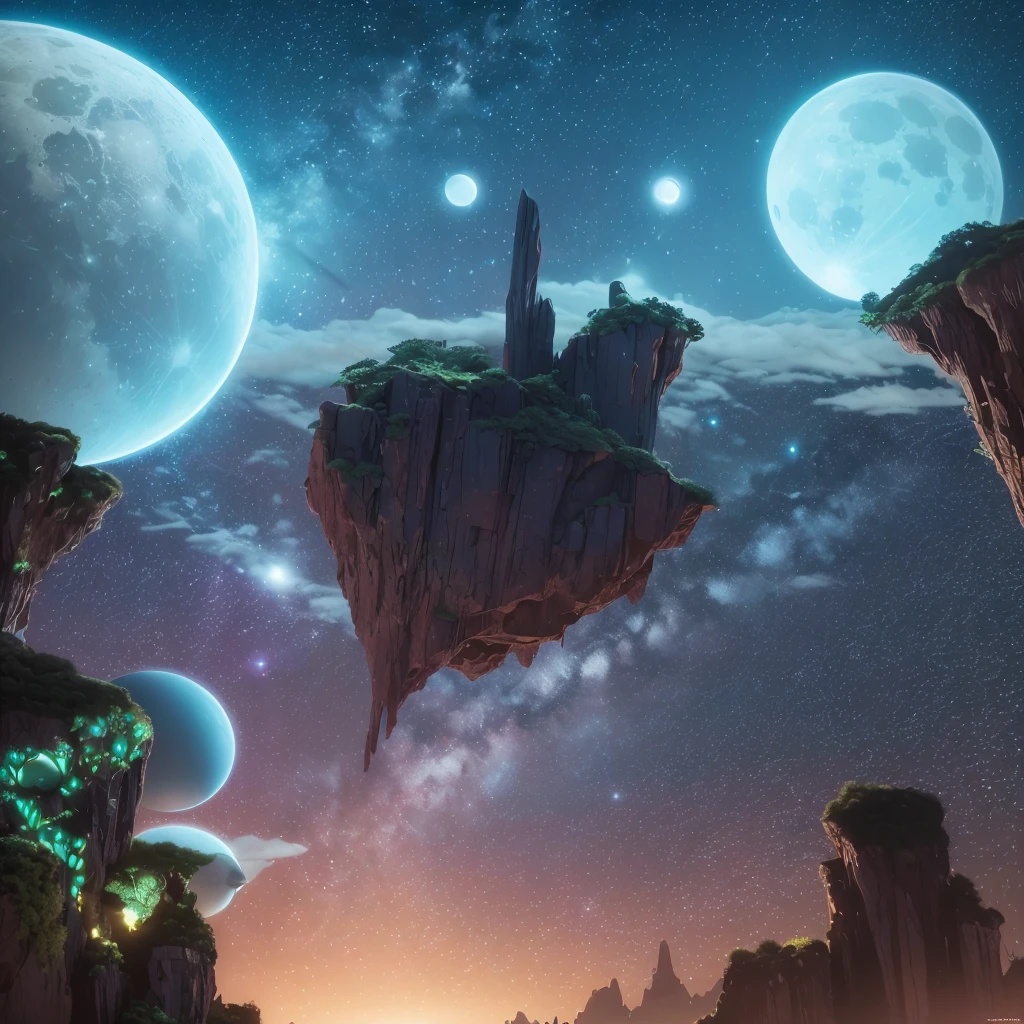 the surface of an alien planet where the laws of physics and nature as we know them are redefined. The sky is a tapestry of vibrant colors, with two moons that loom large on the horizon. Bioluminescent plants cast an ethereal glow over the landscape, lighting up a futuristic alien city, intricate details, surreal, cinematographic, 64k