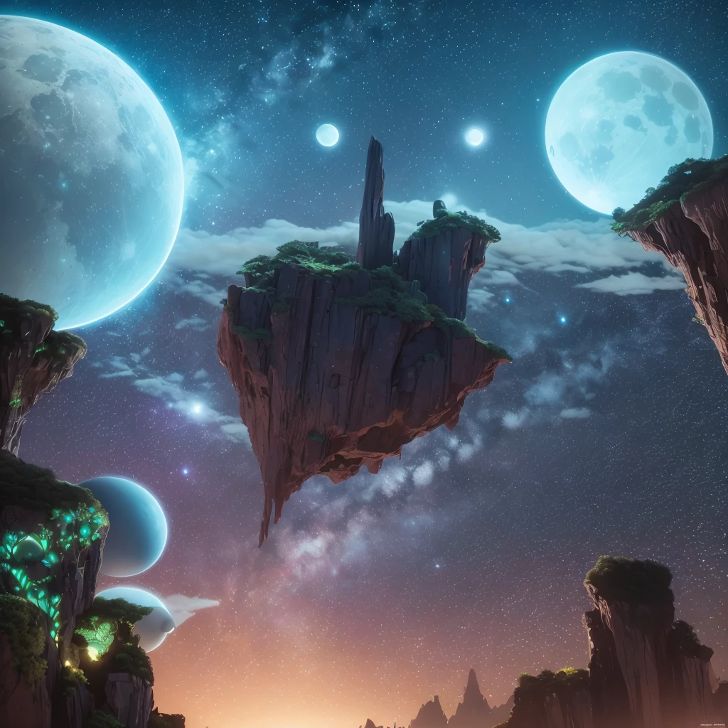the surface of an alien planet where the laws of physics and nature as we know them are redefined. The sky is a tapestry of vibrant colors, with two moons that loom large on the horizon. Bioluminescent plants cast an ethereal glow over the landscape, lighting up a futuristic alien city, intricate details, surreal, cinematographic, k