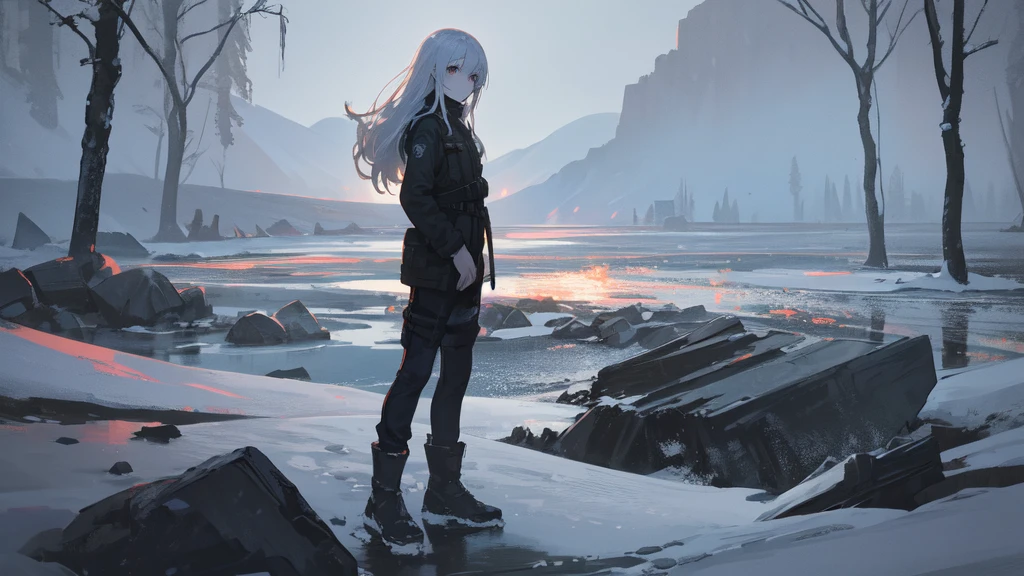 masterpiece:1.2), best quality , 独奏 ,pixiv, anime girl ，long straight white hair , black eyes ,Wearing off-white camouflage uniform ,ten years old，battlefield，Standing in the snowy mountains，(Eyes looking into the distance:1.3)，There is a flame burning beside you，(look away:1.5)，snowy weather，The girl stands among the deserted snowy mountains，blood on forehead，dirty face，Background mixed with metal fragments:1.2，Backlight，Black lake in the background，Stand on a glacier，Bare rocky peaks , Scrap metal on the snow，The expression is sad