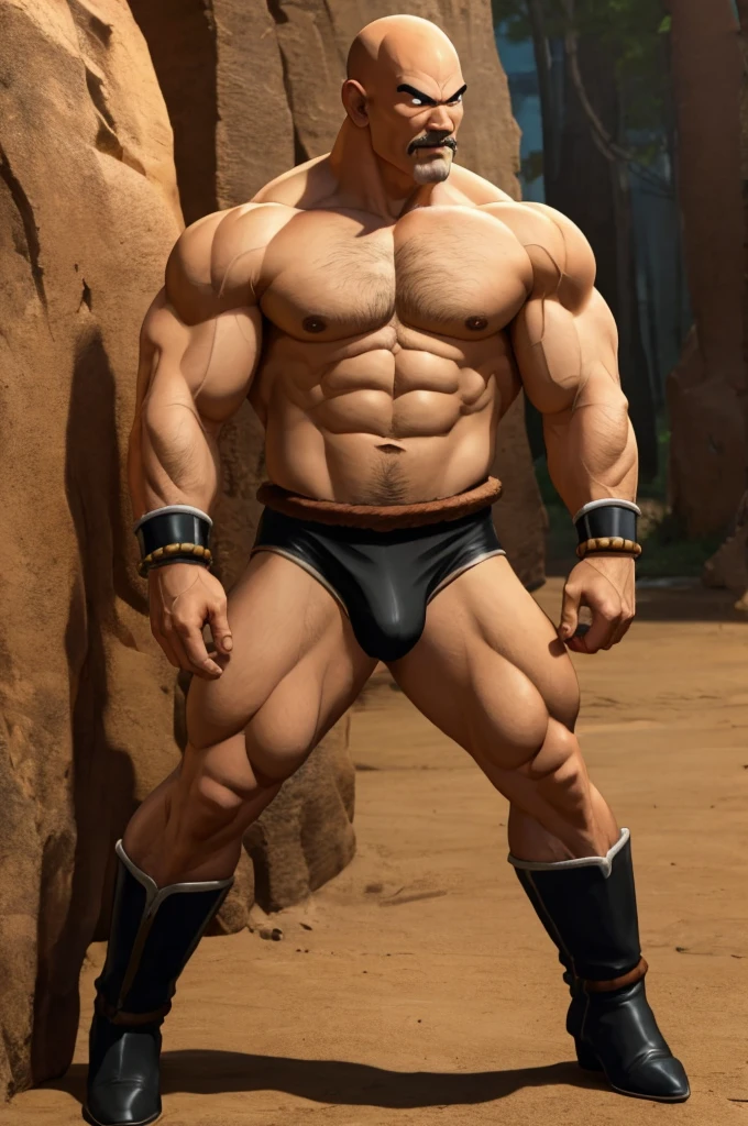 nappa, male focus, solo,cowboy shot, 1boy, bald, nipples, muscular male, abs,black vambraces, veins, pectorals, thighs, black eyes, topless male, mustache, (( Black Briefs )) , tail around waist,  (best quality, masterpiece) , stripclub , full body , black boots , backside , ass