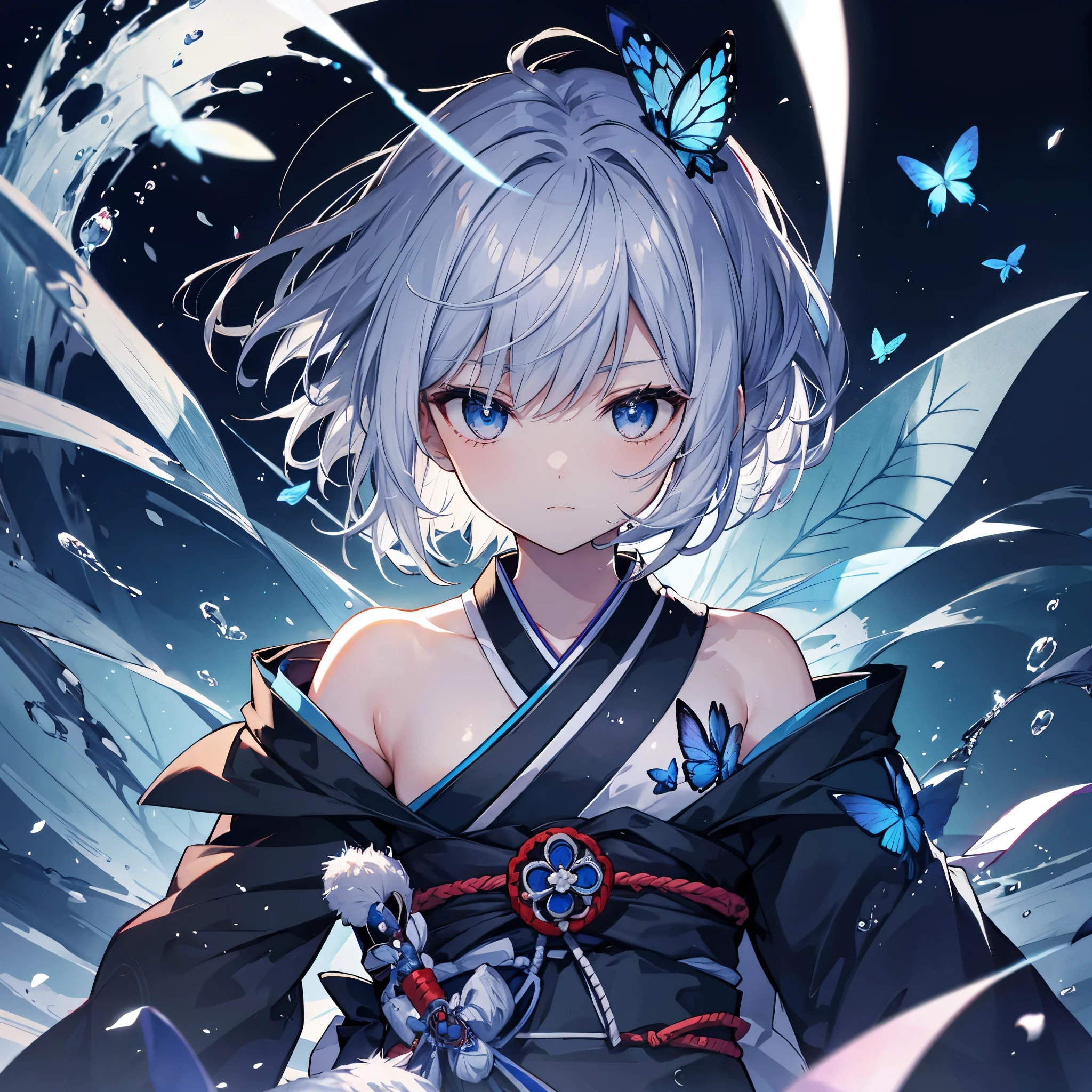 (((1 person)))　((High resolution　Gray Hair　short hair　Black kimono　Shoulder　knifeを構える))　((Black Band　samurai　Lonely　despair　blue eyes))　((Blue Butterfly　night　Japanese style　old　Shining Aura　garden　water surface　Catch the wind))　(dance　日本knife　knife　Slashing)　moonlight　star　Draw your sword　Shining Background　Shining Edge