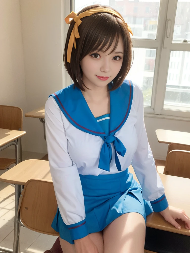 (alone:1.5),Light brown short-cut hair、Big Breasts:1.5、looking at the camera、A big smile、((((whole body))))、Top image quality、超A high resolution、(photographrealistic:1.4)、 AccentLighting, 8K, japanese, (Beautiful face: 1.1),(50 years old:1.3)、(photorealistic photos:1.2)、At 8K、haruhi_surfing, white long sleeve shirt and blue collar, micro mini skirt,blue skirt, red tie, yellow ribbon, pretty girl, classroom