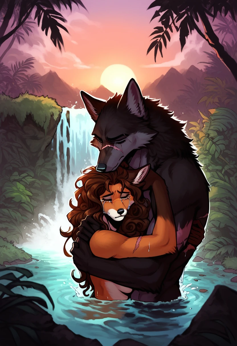 score_9, score_8_up, score_7_up, fox, anthro, female, dark brown fur, chocolate fur, long hair, curly hair, waterfall, mountain, jungle, sunset, bathing, water splashes, dynamic lighting, beautiful, serene, sad, crying, hugging, embracing,
wolf, anthro, male, black fur, ghost, transparent, scars, love, loss, heartbreak, jungle hut
