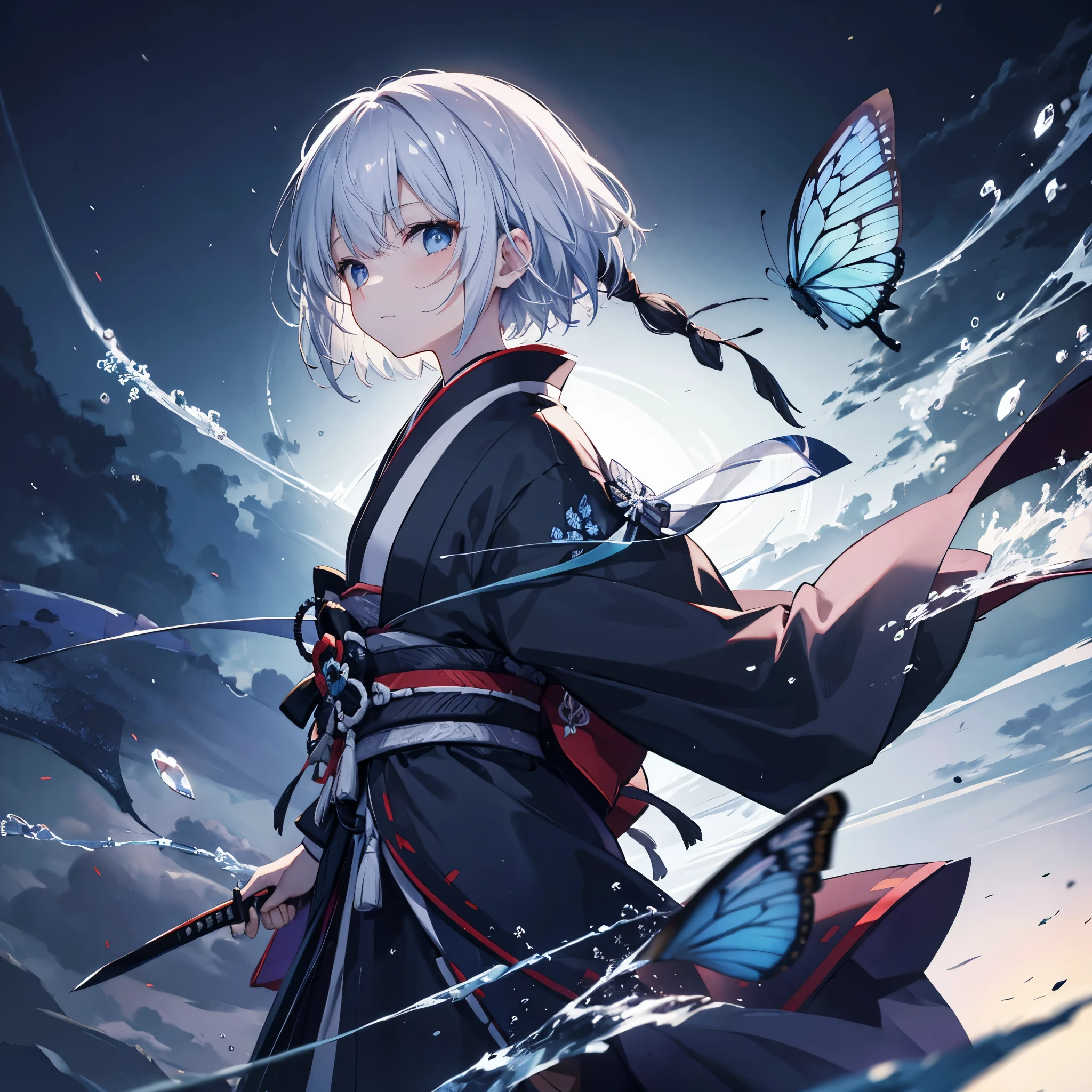 (((1 person))) ((High resolution Gray Hair short hair Black kimono Shoulder knifeを構える)) ((Black Band samurai Lonely despair blue eyes)) ((Blue Butterfly night Japanese style old Shining Aura garden water surface Catch the wind)) (dance 日本knife knife Slashing) moonlight star Draw your sword Shining Background Shining Edge