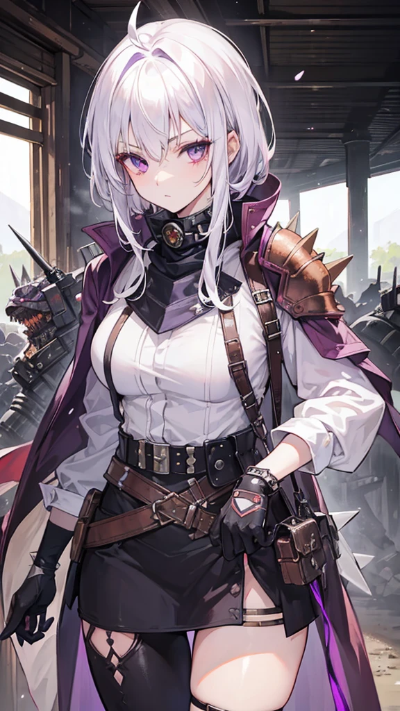 Female, White hair, purple eyes, Old Glove, 160 cm, 18 years, Colt M1911, Spiky Eye Patch, Spiky Slave Hunter Armor, Turtle's Rusty bracelet, Tomboy, wasteland